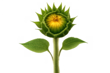 Sunflower bud with green sepals tightly enclosing the nascent yellow petals, growing on a stem with two leaves. Transparent background