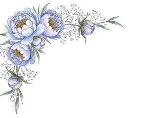 Delicate hand painted watercolor corner border with peonies and baby's breath in pastel blue and lavender isolated on white background