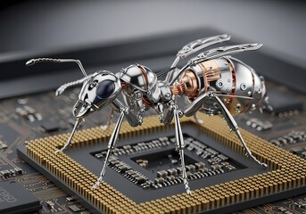 Futuristic Mechanical Ant on Microchip Processor
