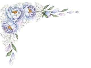 Delicate hand painted watercolor corner border with peonies and baby's breath in pastel blue and lavender isolated on white background