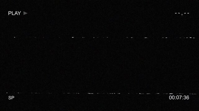 Vintage VHS style animation featuring tape playing vhs on a dark background, highlighted by a flickering play vhs symbol, tracking lines, and analog signal interference.