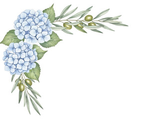 Delicate elegant hand painted watercolor floral corner with hydrangeas and olive branches in pastel blue isolated on white background
