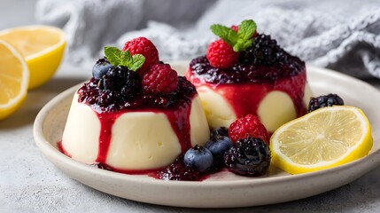 Creamy panna cotta dessert topped with fresh berries and berry sauce