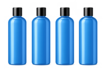 Blue plastic cosmetic bottles with black caps, ideal for skincare and hygiene product packaging design. Transparent background