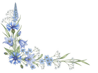 Botanical watercolor border corner with wildflowers and baby's breath in a light pastel blue color scheme isolated on white background