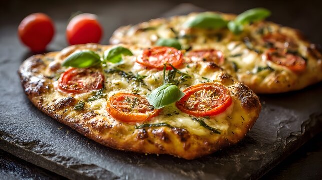 Delicious flatbread pizza with fresh tomatoes and basil, baked to golden perfection