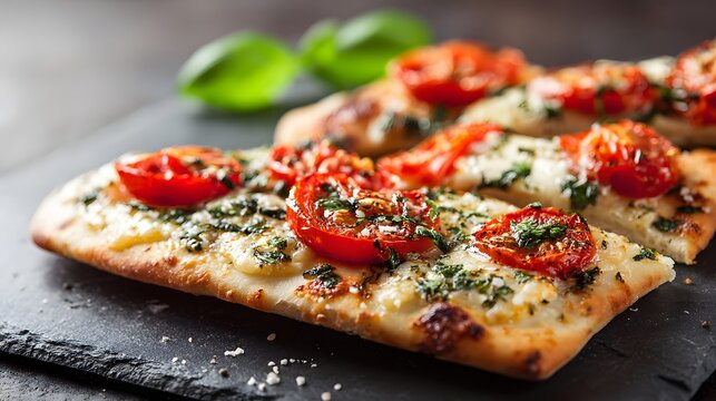 Delicious flatbread pizza with cherry tomatoes and fresh basil, served on a slate board