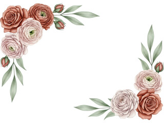 Botanical luxury watercolor corner element featuring roses and ranunculus in muted terracotta isolated on white background