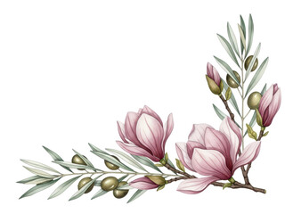 Botanical luxury watercolor corner composition featuring magnolia and olive branches in dusty rose isolated on white background