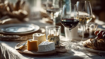 Elegant cheese board with red and white wine, grapes, and bread for a sophisticated gathering
