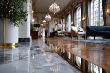 A sophisticated hallway showcasing artistic designs, luxurious flooring, and beautiful greenery, perfect for upscale events and celebrations, capturing the essence of elegance and style.