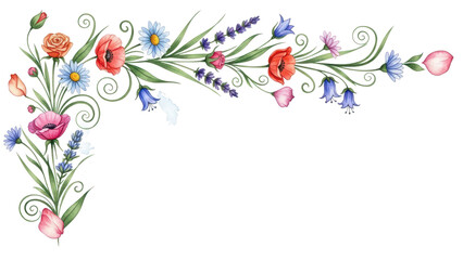 Border of delicate multicolored  flowers, watercolor illustration for design