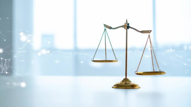 Balance scale on a light background symbolizes justice, fairness, and equilibrium.