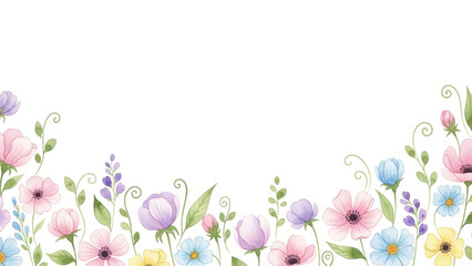 Border of delicate multicolored  flowers, watercolor illustration for design