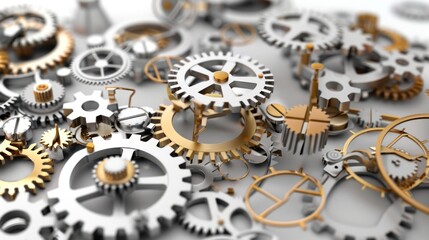 Close Up of Silver and Gold Mechanical Gears and Cogs on White Background