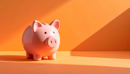 A pink ceramic piggy bank set against an orange backdrop with strong light and shadow