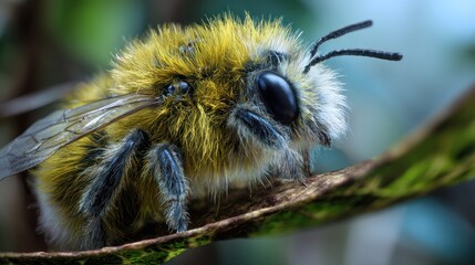 Close-up of a Yellow Bumblebee on a Branch Showing Furry Body and Large Eyes