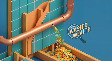 Leaking pipe dropping money and coins into building structure, wasted wealth concept for home repairs, plumbing issues and financial loss infographic illustration.