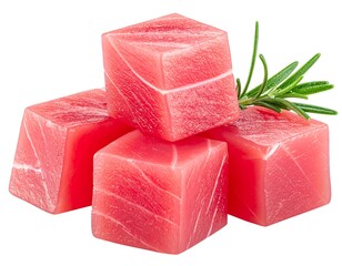 Four pieces of raw, red fish, cut into cubes, with a sprig of fresh green herb garnish. The arrangement is isolated on a white backdrop