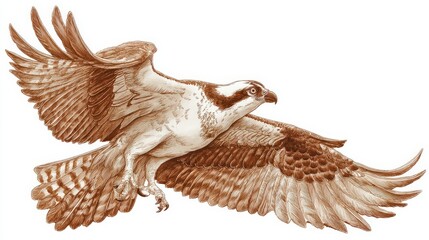 Detailed illustration depicts a large raptor bird in flight with wings fully extended