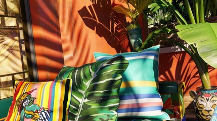 Colorful Decorative Cushions on Outdoor Patio with Green Plants and Sunlight