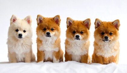 Four Pomeranian puppies of varying orange hues sit on white cloth against a plain backdrop, gazing forward