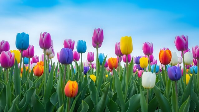 Happy easter sunday with colorful tulips in blooming garden on sunny day - Powered by Adobe