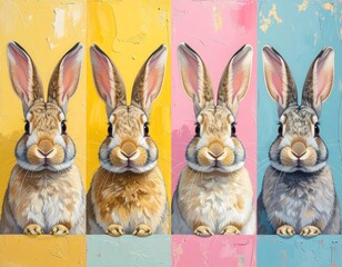 Four rabbit portraits, each centered on a differently colored backdrop yellow, gold, pink, and blue, creating a vibrant, playful collage