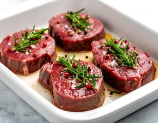 Four raw medallions of protein, seasoned with sprigs, peppercorns, and salt, resting in a white rectangular dish