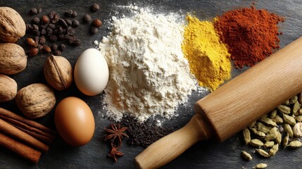 Assortment of baking ingredients and culinary spices arranged on a dark surface