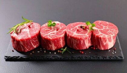 Four raw, round cuts of red meat, garnished with herbs and peppercorns, arranged on a dark, rectangular surface
