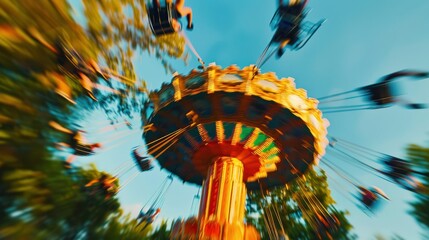 Colorful Swing Ride at Amusement Park with Motion Blur and Bright Sky