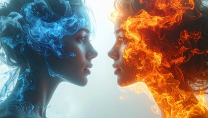 Two ethereal women face each other, one blue, one fiery orange, representing contrasting elements