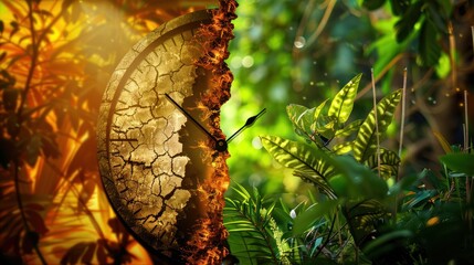 Conceptual Image of Broken Clock with Nature and Sunlight in Lush Jungle