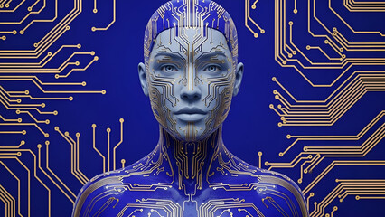 AI Humanoid with Integrated Circuitry on Blue Background, Symbolizing Digital Intelligence
