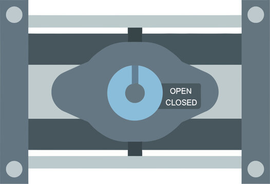 Industrial pipeline control valve with a blue rotary dial and an open-closed status indicator in a flat vector style.