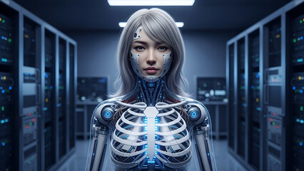Futuristic Female Cyborg with Glowing Rib Cage in a Server Room Representing AI and Data