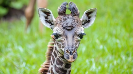 Cute Baby Giraffe with Curly Horns in Green Grass Natural Setting