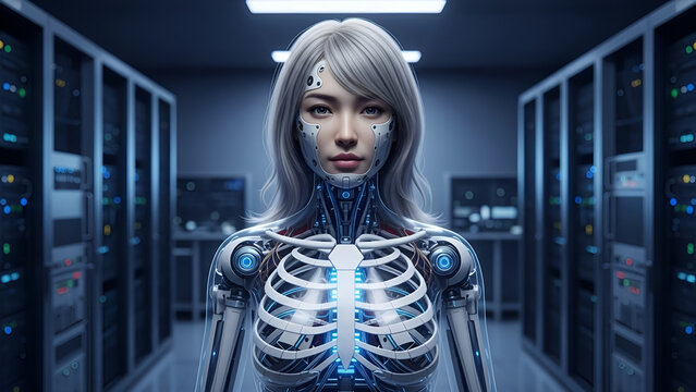 Futuristic Female Cyborg with Glowing Rib Cage in a Server Room Representing AI and Data - Powered by Adobe