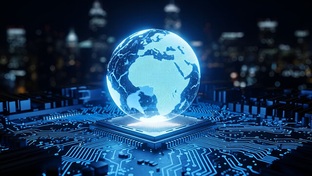 Global Connectivity: Luminous Digital Earth Globe on a Microchip with Glowing Circuit Board and City Background - Powered by Adobe