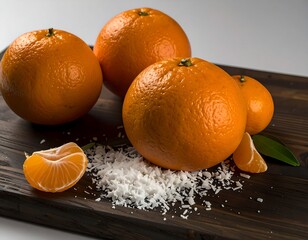 Four vibrant, ripe, orange citrus fruits sit on a dark wooden board with shredded coconut and a few segments