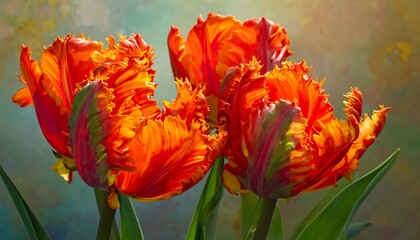 Four vibrant, ruffled tulips in fiery orange hues with green streaks against a soft, abstract background of warm tones