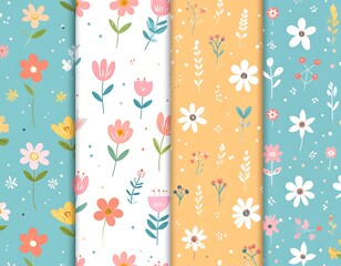Four vibrant, seamless floral patterns with colorful flowers, leaves, and whimsical designs on various pastel backgrounds