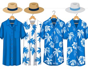 Four vibrant, short-sleeved shirts, each with unique blue and white floral patterns, displayed with straw hats
