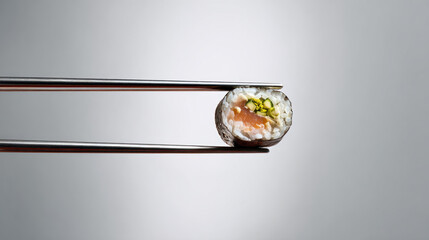 Close-up of sushi roll held by chopsticks  
