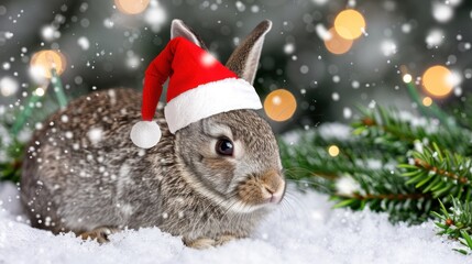 Cute Bunny Wearing Santa Hat Sitting in Snow with Christmas Tree Branches and Bokeh Lights