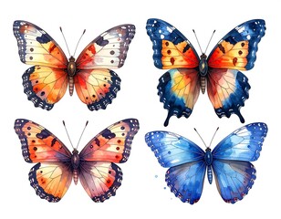 Four vibrantly colored butterfly illustrations with open wings, rendered in watercolor style against a white backdrop