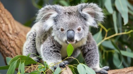 Cute Gray Koala Bear Sitting on Tree Branch in Green Foliage