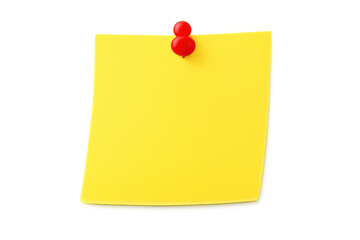 Yellow sticky note paper with a red pushpin, creating a blank reminder for important office communication on transparent background