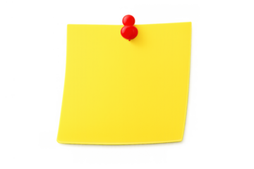Yellow sticky note paper with a red pushpin, creating a blank reminder for important office communication on transparent background